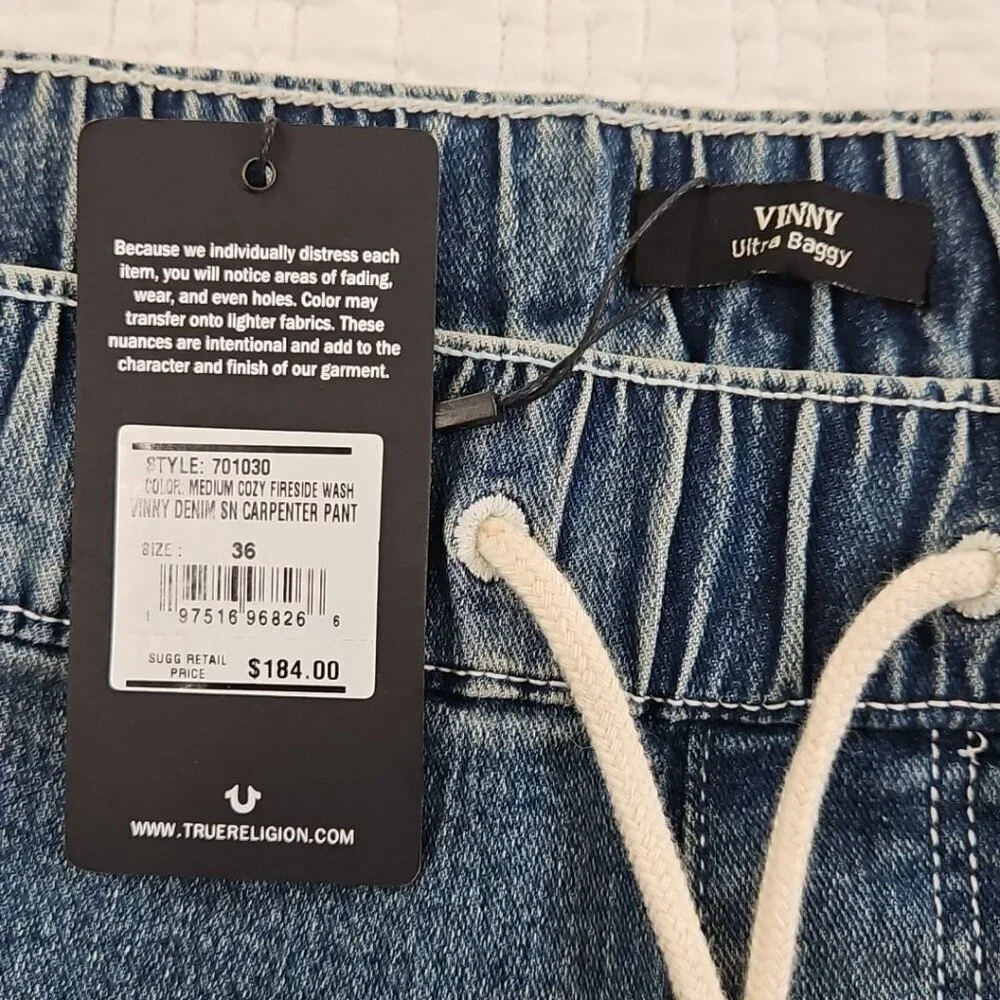 NWT True Religion Vinny‎ Ultra Baggy Carpenter Pants Men's 36x32 Med Wash Blue